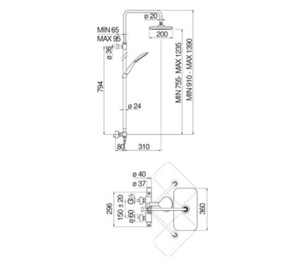 COLONNE DOUCHE, THERMOSTATIQUE EXTÉRIEUR AVEC CORPS FROID ET RAMPE TÉLESCOPIQUE