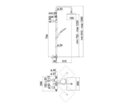 COLONNE DOUCHE, THERMOSTATIQUE EXTÉRIEUR AVEC CORPS FROID ET RAMPE TÉLESCOPIQUE